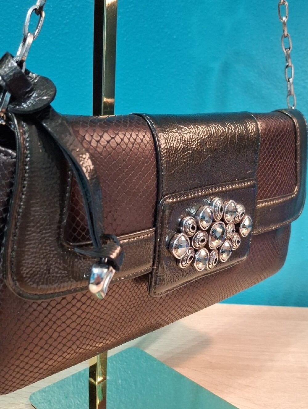 Brighton Bronze Snake Embossed Studded Clutch with Heart Charm - Picture 2 of 14